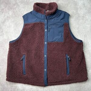 Orvis Mens L Sherpa Fleece Vest Burgundy Navy Blue Snap Front 3J3C Large